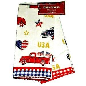 Stars and Stripes Kitchen Towels Patriotic Trucks USA Flag Hearts Red White Blue
